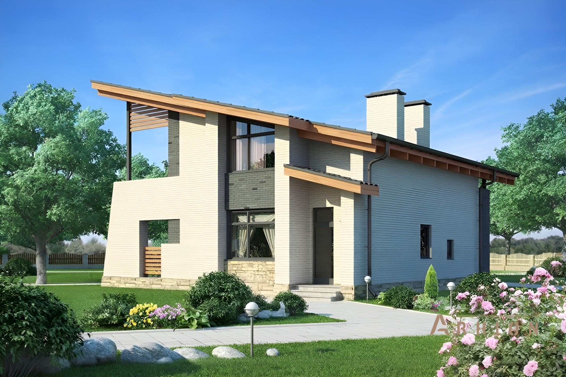 4. Проект двухэтажного дома в современном стиле с односкатной кровлей, cp-80-26, площадью - 183 кв c терассой, балконом